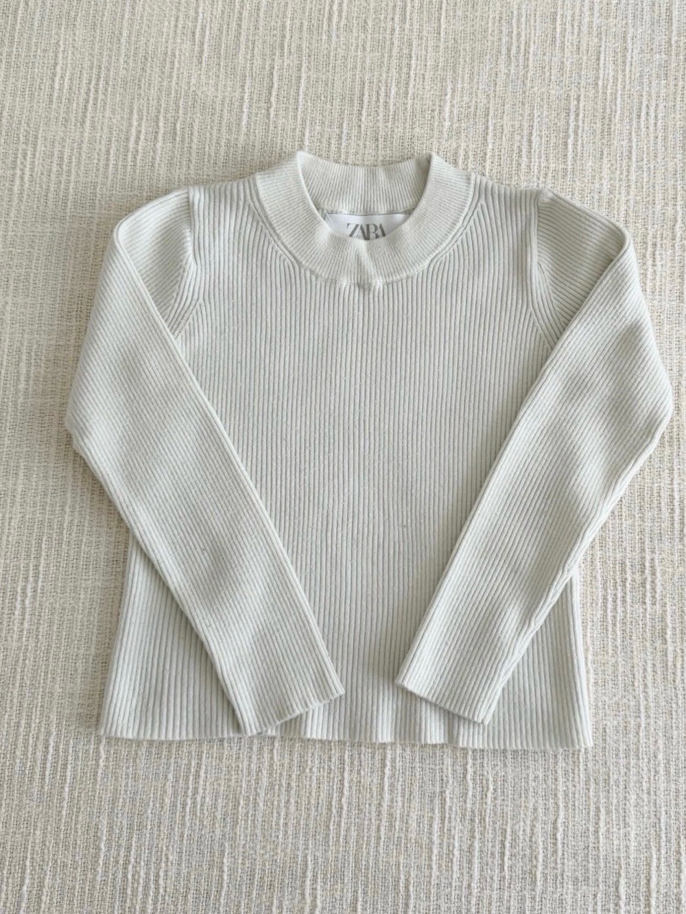Zara Off-White Ribbed Mock Neck Long Sleeve Top